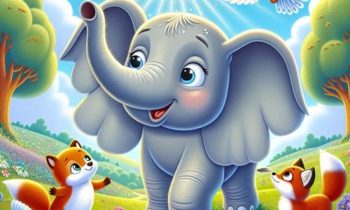Um elefante chamado Eloá, com uma pele cinza suave e grandes orelhas que flutuam ao vento, está no centro da cena, exibindo um grande sorriso de excitação e curiosidade. Ao seu lado, um pequeno pássaro azul chamado Pipo, com penas brilhantes e olhos cintilantes, voa em círculos ao seu redor, mostrando seu entusiasmo. Um pouco mais atrás, uma raposa vermelha chamada Rola, com pelagem brilhante e olhos tristes, observa Eloá com esperança, pronta para receber ajuda. A cena se passa em um campo encantador, repleto de flores coloridas que dançam com a brisa, sob um céu azul radiante salpicado de nuvens brancas fofas. Ao longe, árvores majestosas se erguem, com suas folhas brilhando ao sol. Eloá e Pipo descobrem juntos a magnífica Flor da Esperança, que brilha como uma estrela no centro do campo, enquanto Rola, cheia de esperança, está ao lado deles, aguardando ansiosamente que seus amigos a ajudem a encontrar seu caminho.