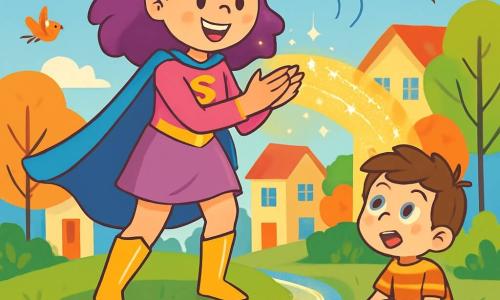 Super Lila, uma mulher heroica com uma capa azul brilhante e botas douradas, está em uma colina verde. Seu rosto expressa determinação alegre, com olhos brilhantes e um sorriso radiante. Ela bate as palmas, criando uma linda ponte de luz que brilha sob o sol. Perto dela, um garoto de 8 anos chamado Max, com cabelo castanho bagunçado e camiseta listrada, a observa admirado. O cenário é um bairro colorido, com casas de fachadas pastel, árvores de folhas multicoloridas e balões flutuando no céu azul. Pássaros cantam alegremente, contribuindo para a atmosfera animada. A cena principal mostra Super Lila usando seus poderes para criar uma ponte de luz, pronta para ajudar Max a atravessar um pequeno riacho cintilante que serpenteia pelo bairro.