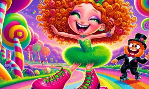 An 11-year-old girl named Bella, with curly, vibrant hair, wears giant roller skates and a neon green feather boa. She has a wide smile and sparkling eyes as she joyfully dances on a rainbow path. Next to her, a 10-year-old boy named Sir Hopsalot is dressed in a sleek black tuxedo with a red bow tie, enthusiastically applauding Bella, his large rabbit ears twitching with joy. A little further away, a giant octopus named Ollie, with colorful arms, skates clumsily, laughing at his own spins. The setting is a fantastical world called Quirkytopia, where trees are made of candy canes and the sky is a bright purple dotted with flying candies. The ground is covered in soft marshmallows that bounce under Bella's skates. The main scene shows Bella dancing on the rainbow path, surrounded by her friends, as they participate in a festive roller-skating race filled with laughter and magic.