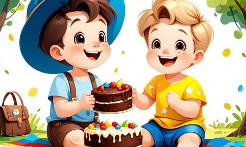 In a sunny park in Sunnyville, three little boys are playing together. Benny, a three-year-old with messy brown hair and a blue hat, is sitting on a colorful blanket holding a large piece of chocolate cake. Next to him, Tommy, also three years old, is wearing a yellow t-shirt with stars and has blonde hair; he is laughing while holding a birthday card decorated with stickers. Leo, the third boy, has brown hair and is wearing a red t-shirt; he is having fun floating a large blue balloon in the air. The park is filled with colorful flowers, tall trees with green leaves, and a bright blue sky. A gentle breeze makes the leaves dance, and birds sing joyfully in the branches. The three friends are gathered around a birthday cake, laughing and sharing cookies, while Benny, with a big smile, blows out the candles on his cake, surrounded by love and friendship.
