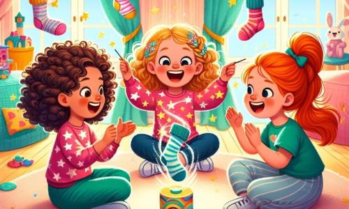 Drie blije meisjes, Emma, Noor en Lotte, 8 jaar oud, zitten in een cirkel op de vloer van een kleurrijke kamer. Emma heeft krullend bruin haar en draagt een roze t-shirt met sterren, ze lacht terwijl ze naar een paar dansende sokken in een hoek wijst. Noor, met gevlochten blond haar en een blauwe t-shirt, applaudisseert enthousiast, terwijl Lotte, met rood haar en een groen t-shirt, opstaat om om de sokken te dansen. De kamer is gevuld met kleurrijk speelgoed, met pastelgele muren en zachte kussens verspreid over de vloer. Een groot raam laat zonlicht binnen, dat de blije scène verlicht. In het midden van de illustratie dansen magische sokken vrolijk, terwijl een groep gekleurde pennen op de tafel begint te bewegen en te praten, wat bijdraagt aan de speelse sfeer. De meisjes, verwonderd, lachen en dansen, waardoor er een feestelijke sfeer in deze betoverde kamer ontstaat.