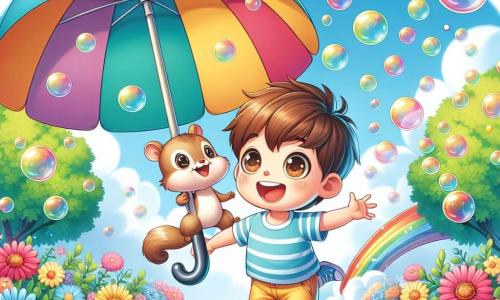 Un niño de 4 años, Jaime, con cabello castaño alborotado y grandes ojos brillantes de alegría, está saltando de felicidad bajo un gran paraguas colorido que libera burbujas multicolores. Lleva una camiseta de rayas azules y un short amarillo, y su sonrisa radiante muestra su emoción. A su lado, una pequeña ardilla de pelaje marrón claro, con una cola esponjosa, está sobre el paraguas, con las patas en el aire, riendo con una expresión traviesa. El escenario es un jardín soleado, lleno de flores brillantes de todos los colores, con árboles verdes de fondo y un cielo azul claro salpicado de algunas nubes blancas esponjosas. La situación principal muestra a Jaime y la ardilla volando alegremente en el aire, con el paraguas flotando sobre ellos, mientras burbujas de todos los tamaños escapan alrededor, creando un ambiente mágico y lúdico.