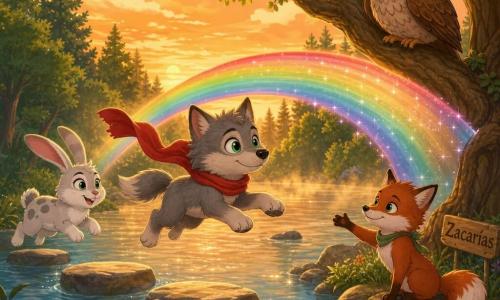 Un lobo pequeño de pelaje gris y ojos verdes, con una bufanda roja flotante y rostro decidido y alegre, salta sobre piedras luminosas junto al río; un conejo blanco con manchas grises, orejas largas y expresión traviesa y alentadora le sigue listo para brincar; un zorro rojizo llamado Zacarías, más pequeño, de hocico sonriente y postura serena, en la orilla extiende una pata amiga; un gran búho marrón de plumaje texturado y ojos sabios observa desde un roble junto al puente; la ribera tiene árboles de hojas verde esmeralda, niebla dorada sobre el agua y pequeñas piedras que brillan como perlas bajo un atardecer anaranjado; un puente que era invisible se revela en arcoíris sobre el agua y los tres aventureros se preparan a cruzar juntos en una atmósfera mágica y optimista.