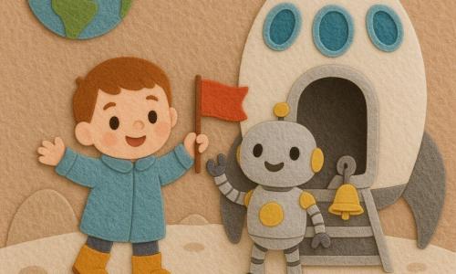 A small, warm, serene boy with round cheeks and bright eyes wears a light blue coat and mustard boots, holds a small red card in his right hand and waves at the moon; to his right a friendly rounded silver robot with yellow accents waves a mechanical hand as they stand on the step of a round white-and-pearl felt shuttle with blue oval windows and an open door with stairs; the pale beige powdery lunar surface has small rounded hills and childlike footprints, Earth appears as a simple blue-green sphere in the background; the landing moment shows the boy planting a small red flag while the robot rings a small bell, with soft pastel colors, felt textures, simple shapes and clear outlines suitable for toddlers.