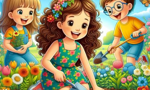 En un jardín en plena floración, vemos a **Sofía**, una niña de 11 años con cabello castaño y rizado, que lleva un vestido colorido con flores, arrodillada sonriendo mientras planta semillas en la tierra. A su lado está **Valeria**, una niña de 10 años con cabello rubio y liso, vestida con una camiseta amarilla y un short de mezclilla, que sostiene una pequeña pala y mira a Sofía con entusiasmo. Un poco más lejos, **Lucas**, el hermano de Sofía, un niño de 7 años con cabello castaño y gafas, se divierte recogiendo hojas secas, riendo alegremente. El jardín está lleno de flores coloridas como tulipanes, margaritas y girasoles que se mecen suavemente con la brisa. Mariposas de alas brillantes vuelan alrededor de las plantas, y un cielo azul claro se extiende arriba, salpicado de algunas nubes blancas y esponjosas. La escena principal muestra a los tres niños trabajando juntos para preparar el jardín, cada uno contribuyendo a la belleza de este espacio, simbolizando la amistad y la alegría de la temporada primaveral.
