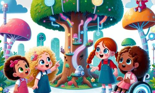 In een futuristisch park staan vier vriendinnen bij elkaar: Lotte, een zesjarig meisje met krullend blond haar en een stralende glimlach, staat op een klein drijvend plateau. Naast haar zit Emma, een zesjarig meisje met steil bruin haar, in haar futuristische rolstoel, versierd met kleurrijke lichten. Noor, een ander zesjarig meisje met rood haar en vlechten, wijst lachend naar de wolken, terwijl Mila, een meisje met kastanjebruin en krullend haar, verwonderd naar de pratende bomen om hen heen kijkt. Het park is gevuld met grote bomen met kleurrijke stammen die lijken te fluisteren, met glanzende bladeren die schitteren in de zon. Overal bloeien luminescente bloemen en kleine glimlachende robots zweven rond, verzamelen afval en zingen vrolijk. De vier vriendinnen luisteren naar een grote eik die verhalen vertelt over de tijd en de wolken, terwijl de Glimlachrobots hen omringen, wat een vleugje magie toevoegt aan deze vrolijke en kleurrijke scène.