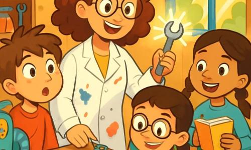 Una donna inventrice, Sofia, con capelli ricci e occhiali tondi, sorride con entusiasmo nel suo laboratorio. Indossa un camice da lavoro macchiato di vernice e tiene un attrezzo lucido in mano. Accanto a lei ci sono tre bambini: Luca, un ragazzo di 10 anni con capelli castani disordinati, che osserva con occhi spalancati; Mia, una ragazza di 9 anni con trecce e un sorriso radioso, che prende appunti su un quaderno colorato; e Tommaso, un ragazzo di 10 anni con occhiali quadrati, che aggiusta un piccolo meccanismo con concentrazione. Il laboratorio è pieno di macchine strane, ingranaggi colorati e piani sparsi su tavoli di legno. Gli scaffali sono carichi di barattoli contenenti pezzi meccanici e strumenti vari. La luce del sole filtra attraverso una grande finestra, illuminando la scena con un'atmosfera calda e creativa. Sofia e i bambini lavorano insieme su un'invenzione: una macchina per far volare gli aquiloni, circondati da prototipi e schizzi. L'eccitazione è palpabile mentre testano la loro creazione, pronti a vedere il loro aquilone volare nel cielo.