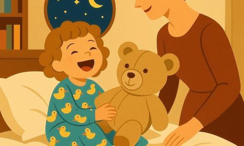 Una bambina di 2 anni, felice e birichina, con capelli castano chiaro ricciolini, indossa un pigiama azzurro con paperelle gialle, tiene un grosso orsacchiotto beige e ride seduta sul letto che sembra saltellare dolcemente; una mamma di circa 30 anni, sorriso dolce e capelli castani raccolti in uno chignon, sta in piedi accanto al letto con la mano sul bordo e la guarda con tenerezza; un grande orsacchiotto beige è rannicchiato accanto alla bambina in atteggiamento protettivo; due calzini colorati — uno a righe rosse e bianche, l'altro a pois verdi — con piccoli piedini saltellano sulla coperta; la stanza è piccola e accogliente, pareti crema con ghirlanda di luci gialle, finestra rotonda sul cielo stellato, tappeto rosa pallido; cuscino soffice come una nuvola, materasso che fa un piccolo balzo comico e lenzuola increspate; scena notturna dolce e divertente, colori pastello, forme semplici e contorni netti.