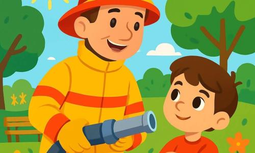 Un bombero, un hombre de sonrisa cálida y ojos brillantes, lleva un casco rojo y un uniforme amarillo brillante. Está de pie en un parque soleado, sosteniendo una manguera de agua, listo para ayudar. A su lado, un niño de 7 años, Juan, con cabello castaño y ojos curiosos, mira al bombero con admiración, con los brazos cruzados sobre el pecho. El parque está lleno de vegetación, con árboles frondosos y flores coloridas que bailan bajo la suave brisa. Un banco de madera es visible al fondo, y algunos niños juegan a lo lejos. La situación principal muestra al bombero explicando su trabajo a Juan, quien lo escucha atentamente, con los ojos abiertos de fascinación. Los rayos de sol iluminan la escena, creando una atmósfera alegre y amistosa.