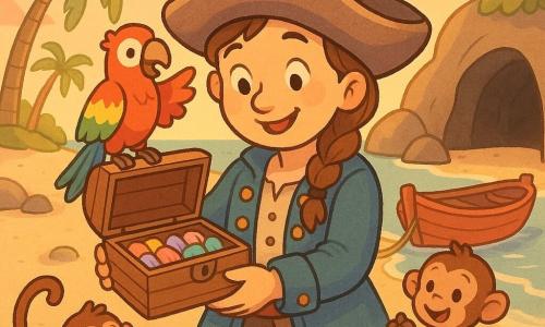 Donna pirata sorridente con trecce brune e grande cappello sbiadito con piuma rosa, giacca blu con bottoni dorati e sguardo malizioso, che tiene una piccola scatola di legno aperta con conchiglie e pietre colorate, in piedi con i piedi nella sabbia bagnata su una piccola isola tropicale dal sabbia dorata; un pappagallo rosso, verde e giallo sulla spalla destra con le ali appena aperte, una piccola scimmietta marrone giocosa che salta tenendo una pigna tra grotta scura ma accogliente e una barca di legno rossa attraccata al bagnasciuga; palme inclinate, scogli levigati, tramonto caldo arancione e rosa con ombre lunghe e morbide; momento tenero e festoso in cui la pirata mostra il tesoro agli amici, stile grafico a linee tonde, colori pastello saturi, texture semplici e contorni neri sottili, atmosfera calma e gioiosa.