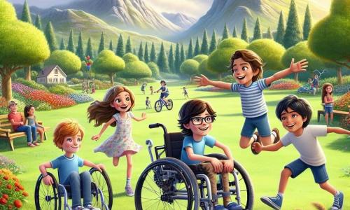 En un parque soleado, cuatro amigos se preparan para una gran aventura. Leo, un niño de 10 años en su silla de ruedas, sonríe con entusiasmo. Sofía, una niña de 9 años con largos cabellos rubios y un vestido colorido, salta de alegría junto a Leo. Tomás, un niño de 10 años con el cabello negro alborotado y una camiseta a rayas, empuja suavemente la silla de Leo. Pablo, un niño de 9 años con cabello castaño y un pantalón corto azul, está de pie al fondo, levantando los brazos para animar a sus amigos. El parque está lleno de flores coloridas, árboles verdes y un gran césped donde juegan los niños. Al fondo se ven montañas bajo un cielo azul claro con nubes blancas esponjosas. La escena principal muestra a Leo, sonriente y confiado, en una bicicleta adaptada, mientras sus amigos lo animan con gritos de alegría. Todos juntos, unidos por la amistad y la confianza en sí mismos, listos para vivir una nueva experiencia.