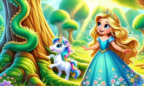 La principessa Stella, una ragazza di circa 10 anni, ha lunghi capelli dorati che fluttuano al vento e indossa un magnifico vestito blu decorato con motivi floreali. Sorride meravigliata mentre scopre un antico albero maestoso al centro di una radura. Accanto a lei, un piccolo drago verde, con squame brillanti e occhi scintillanti, la osserva con curiosità, le ali leggermente spiegate, pronto ad aiutarla nella sua avventura. Un unicorno dai crini colorati, con una corna scintillante, si trova un po' in disparte, guardando Stella con benevolenza, le zampe bianche ancorate nell'erba verde. La scena si svolge in una foresta incantata, con alberi alti e maestosi, foglie verdi brillanti e fiori multicolori che creano un tappeto di colori vivaci. La luce del sole filtra tra i rami, illuminando la radura con una dolce luce dorata. Stella, meravigliata, si avvicina all'albero antico, pronta a scoprire il tesoro nascosto alla sua base, mentre i suoi amici la incoraggiano con entusiasmo, creando un'atmosfera magica e piena di avventura.