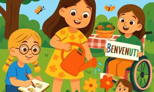 Ci sono 3 personaggi: - Silvia: una ragazza di 10 anni, con lunghi capelli castani e occhi scintillanti, indossa un vestito giallo a fiori e tiene un annaffiatoio di plastica. È al centro, sorridente, mentre annaffia le piante. - Elisa: una ragazza di 9 anni, con capelli biondi intrecciati e occhiali rotondi, indossa una maglietta blu e un pantaloncino di jeans. È a sinistra, seduta sull'erba, mentre disegna fiori su un quaderno. - Marta: una ragazza di 10 anni, con capelli castani e un sorriso caloroso, è su una piccola sedia a rotelle rosa. Indossa una camicetta verde e tiene un cartello colorato con la scritta 