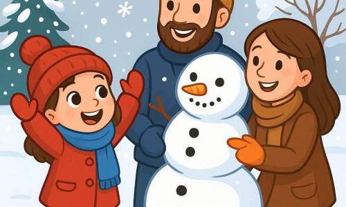 A 6-year-old girl named Lily, with big bright eyes and rosy cheeks, is wearing a bright red coat, a blue wool scarf, and fuzzy boots. She is joyfully laughing, arms raised, trying to catch snowflakes falling around her. Beside her, her father, a man in his thirties with a brown beard and a wool hat, smiles at her while holding a large snowman they just built. Her mother, a woman in her thirties with brown hair and a warm smile, stands a little further away, holding a carrot for the snowman's nose. The setting is a snowy garden, with trees covered in sparkling snow and snowflakes gently falling from the light gray sky. The ground is a stretch of pristine snow, scattered with footprints and small piles of snow. The main scene shows Lily, full of joy, dancing in the snow, surrounded by her family as they create a snowman together, embodying the magic and beauty of a winter day.