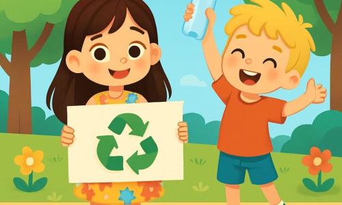 A 6-year-old girl, Lucy, with long brown hair and sparkling curious eyes, joyfully smiles while holding a large colorful sign that says "Let's recycle together!" She wears a floral dress and sandals. Next to her is her friend Tom, a 6-year-old boy with messy blonde hair and a red t-shirt, raising his arms excitedly while showing a plastic bottle he just picked up. They are in a bright park surrounded by tall green trees, vibrant flowers, and a clear blue sky. The ground is scattered with colorful litter, as well as small piles of recycling that the children have already started sorting. The main scene shows Lucy and Tom gathering waste to sort it, with radiant smiles on their faces, illustrating their determination to make their neighborhood cleaner and more beautiful.