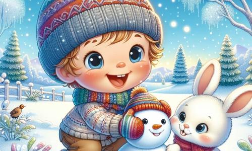 A one-year-old boy with rosy cheeks and sparkling eyes wears a colorful hat, mittens, and wool boots. He is throwing a small snowman, his face beaming with excitement and happiness. Next to him, an adorable little white rabbit with big ears, looking curious and amused, watches the boy while hopping in the snow. The scene is set in an enchanting winter landscape: a field of sparkling snow under a clear blue sky, with trees covered in glistening frost. Snowflakes gently fall around them, creating a magical atmosphere. The main situation shows the boy and the rabbit playing together, the boy laughing heartily as he shapes a snowman, while the rabbit approaches, curious and ready to join in this joyful winter adventure.