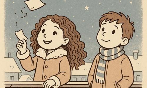 Een meisje van 6 jaar, genaamd Noor, zit op een balkon met glinsterende ogen vol nieuwsgierigheid en vreugde. Ze heeft lang, krullend haar en draagt een warme jas. Noor houdt een klein papiertje vast met daarop geschreven woorden, dat ze in de wind laat vliegen. Naast haar staat een jongen van 7 jaar, haar buurjongen, die vol verwondering naar de lucht kijkt. Hij heeft kort haar en draagt een gestreepte sjaal. Hij staat naast Noor met zijn handen in zijn zakken en een verlegen glimlach op zijn gezicht. Het balkon is versierd met fonkelende lichtslingers en op de achtergrond zijn besneeuwde daken en een sterrenhemel te zien. De scène toont het magische moment waarop de wind het papiertje van Noor zachtjes meeneemt, wat haar wensen voor het nieuwe jaar symboliseert.