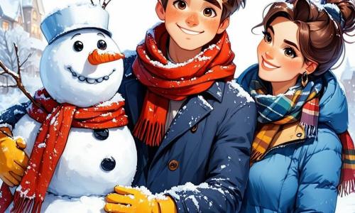 A 7-year-old boy named Oliver is at the center of the image, with messy brown hair and rosy cheeks from the cold. He is wearing a large blue coat, a red scarf, and yellow gloves, smiling in wonder while holding a big snowman he just built. Next to him, his mother, a woman around 35 years old with brown hair in a bun, is placing a hat on the snowman, laughing joyfully. In the background, children are playing, building more snowmen and throwing snowballs, while trees are covered in a thick layer of sparkling snow. The scene takes place in a winter park, with the ground fully covered in shiny snow and a clear blue sky, with a few snowflakes gently falling. The main situation shows Oliver and his mother, surrounded by laughter and joy, creating a beautiful snowman together, symbolizing the spirit of winter and shared happiness.