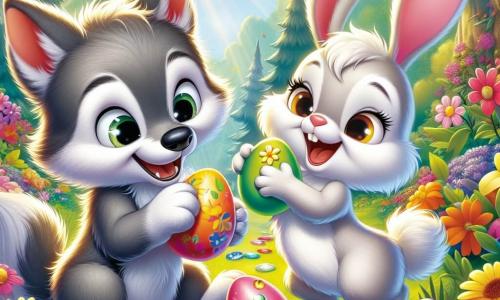 Um pequeno lobo chamado Lupinho, com pelagem cinza suave e olhos brilhantes de alegria, está decorando ovos de Páscoa coloridos em um jardim ensolarado. Ele sorri amplamente, segurando delicadamente uma flor amarela que coloca em um ovo. Ao lado dele, uma coelhinha chamada Mimi, com pelagem branca e grandes orelhas rosas, salta de alegria segurando uma folha verde. Ela sorri muito, cheia de entusiasmo, e se inclina para adicionar pedras brilhantes a outro ovo. O local é um jardim encantador, cheio de flores vibrantes de todas as cores, com árvores majestosas ao fundo e raios de sol filtrando pelas folhas, criando uma atmosfera mágica e alegre. A cena principal mostra Lupinho e Mimi, concentrados e felizes, criando ovos de Páscoa decorados, cercados de magia e risadas, prontos para compartilhar suas criações com os amigos.