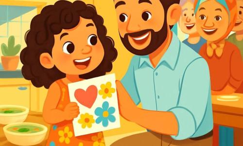 Una niña de 6 años, con grandes ojos brillantes y cabello rizado, sonríe alegremente mientras sostiene una tarjeta decorada con dibujos coloridos. Lleva un vestido ligero con motivos de flores brillantes y sandalias doradas. A su lado, su papá, un hombre de unos treinta años con barba bien cuidada y una sonrisa cálida, la anima dándole una palmadita en el hombro. Él viste una camisa clara y pantalones beige. La escena tiene lugar en una cocina soleada, con paredes pintadas de amarillo pastel y una gran mesa de madera llena de platos apetitosos, como sopas y ensaladas. Los rayos de luz atraviesan las ventanas, iluminando los rostros de los personajes. La niña presenta orgullosamente su tarjeta de agradecimiento a su papá, mientras vecinos sonrientes, incluida una anciana con un pañuelo colorido, se reúnen a su alrededor, creando un ambiente cálido y amigable.