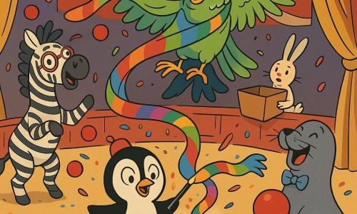 A small black-and-white penguin with a tiny red hat and a sparkling wand, smiling with wide surprised eyes, stands center ring producing a long colorful scarf; a bright green parrot with shiny feathers uses the scarf as an improvised cape, perched on an invisible character's shoulder behind the penguin, looking surprised and joyful; a black-and-white striped zebra wearing juggling glasses taps its hooves as red balls bounce around to the penguin's left; a gray seal with a small blue bow tie laughs with an open mouth, seated to the penguin's right with a red ball on its belly; a white assistant rabbit holds a large open brown box in the background, curious; the big red-and-white striped big top has warm hanging lights, golden curtains and multicolored confetti on the ground; the main scene is a joyful, slightly chaotic moment as the scarf flies out of the hat, wraps the balls, creating a funny, tender instant in the center ring.