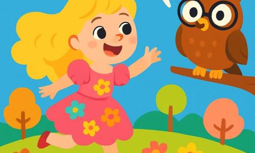 O prințesă veselă, Norilina, cu părul lung blond ca nori de zahăr, poartă o rochie roz aprins, împodobită cu flori multicolore. Ea zâmbește cu ochii strălucitori de curiozitate, sărind într-un câmp de flori delicate. Lângă ea, o bufniță uriașă, cu ochelari mari rotunzi și o pălărie colorată, stă pe o ramură, privindu-o amuzată pe prințesă. Peisajul este o insulă magică, cu dealuri blânde, copaci în formă de bile de bumbac și un cer albastru strălucitor presărat cu nori pufoși. Scena o arată pe Norilina jucând leapșa, râzând cu poftă, în timp ce bufnița o încurajează cu un „Huhuu!”.