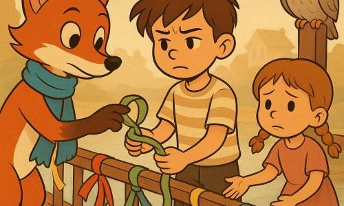 Saffron, a young anthropomorphic fox with shiny orange fur, wide expressive eyes and a floating blue scarf, leans gently toward a boy to offer a spool of green ribbon; a ~10-year-old boy with tousled hair, initially upset then hesitant, in a striped T-shirt holds a crumpled ribbon and begins to accept it; a little girl with pigtails, a simple dress and muddy knees, sad but hopeful, reaches from the bridge edge for a ribbon the boy tossed; an old pearl-gray owl with round wise eyes perches on a bridge post, watchful and kind; the narrow wooden bridge spans a glassy river, the railing draped with dozens of colorful ribbons (red, yellow, blue, green), soft luminous mist blurs the village in the distance, warm lights and pastel palette; the scene depicts a confrontation turned to reconciliation—Saffron calming the boy's anger, ribbons flowing in fluid motion, a gentle, slightly melancholy atmosphere centered on the ribbon exchange.