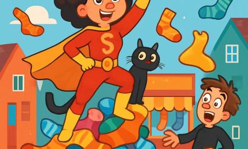Super Sok, een dynamische vrouw met krullend haar en een felgekleurde superheldenoutfit (rood en geel), staat op een hoop vliegende sokken met een grote, vastberaden glimlach op haar gezicht. Haar ogen schitteren van opwinding terwijl ze een vuist in de lucht steekt, klaar om te handelen. Naast haar kijkt Poekie, een zwarte kat met glanzende groene ogen, nieuwsgierig toe, zittend op een gigantische sok, alsof hij haar trouwe metgezel is. De scène speelt zich af in een levendige straat in Sokkenstad, met kleurrijke huizen en sokkenwinkels met sprankelende etalages. Vliegende sokken creëren een vrolijke en speelse sfeer. Super Sok staat op het punt Klungelkop, een onhandige man met rommelig haar in een zwarte dievenoutfit, te onderscheppen terwijl hij over zijn eigen veters struikelt in een poging een enorme gouden sok te pakken. Klungelkop's uitdrukking is komisch, met grote ogen en een open mond terwijl hij zijn evenwicht verliest.
