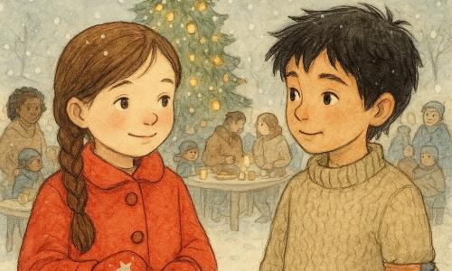 An 8-year-old girl, Lila, with a brown braid and rosy cheeks, wears a bright red coat and starry mittens. She has a gentle smile and holds a small brass bell in her hand. Next to her, a 9-year-old boy, Mateo, with messy black hair, wears a wool sweater and a colorful ribbon tied to his sleeve. He looks at Lila with a curious and friendly gaze. In the background, a large Christmas tree adorned with sparkling garlands stands proudly, surrounded by softly falling snowflakes. The scene takes place on a snowy square, where families gather around tables decorated with candles and warm dishes, creating a warm and festive atmosphere.