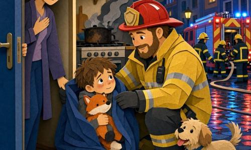 A tall, sturdy firefighter with a round smiling face, warm eyes and stubble kneels forward to wrap a small 6-year-old boy—messy brown hair, tear‑faded cheeks, clutching an orange fox plush—in a blanket; the relieved mother in her thirties, hair in a bun, stands at the partially open apartment door behind them, a small beige dog wags at the firefighter’s boots, and a smoky kitchen with a charred pot is visible in the background while a wet cobbled street reflects the red and blue lights of a fire truck and busy colleagues; the scene is colorful and high‑contrast with crisp shapes, paper‑like textures, simple shadows and black outlines, focusing on the firefighter’s calming presence and the child’s smallness to convey safety and tenderness.