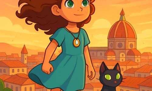 Eliana, a twelve-year-old girl, stands on top of a hill, her curly brown hair blowing in the wind. Her green eyes shine with excitement and determination as she watches the city of Florence awaken at sunrise, a sparkling amulet around her neck. Beside her, Nyx, a black cat with emerald eyes, stands proudly, ears perked, ready to accompany her on her adventures. In the background, Florence unfolds with its stone buildings, red-tiled roofs, and cobbled streets, bathed in golden light. The sky is tinted with shades of pink and orange, promising a day full of possibilities. The scene captures Eliana in a moment of reflection, ready to face the challenges ahead, with a look of courage on her face as the wind dances around her light dress.