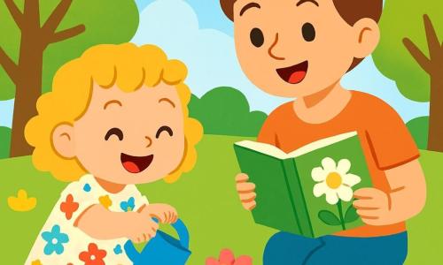 Una bambina di 2 anni, con capelli ricci e dorati e un grande sorriso gioioso, annaffia un bel fiore rosa con un piccolo annaffiatoio blu. Indossa un vestito a fiori colorati e sandali gialli. Accanto a lei, sua madre, una donna di circa trent'anni con capelli castani raccolti in uno chignon, sorride orgogliosa mentre tiene un libro sulla natura. Si trovano in un parco verdeggiante, pieno di alberi maestosi con foglie di un verde brillante, fiori colorati e un cielo blu punteggiato di nuvole bianche e soffici. La bambina sta imparando a prendersi cura delle piante, mentre sua madre la incoraggia con tenerezza, creando un'atmosfera gioiosa ed educativa.