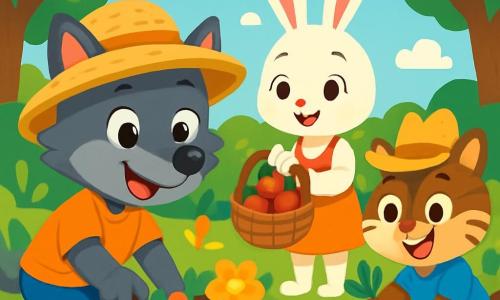 Um pequeno lobo chamado Lucas, com pelagem cinza e olhos brilhantes de alegria, está plantando flores coloridas em um jardim comunitário. Ele sorri, com patas levemente sujas de terra, e usa um chapéu de palha que lhe dá um ar travesso. Ao seu lado, uma coelhinha chamada Matilde, com pelagem branca e orelhas longas, colhe morangos vermelhos e suculentos, com um olhar maravilhado e uma cesta de vime cheia de frutas. Um pouco mais adiante, um texano chamado Tomás, com pelagem marrom e listras brancas, puxa cenouras laranjas do solo, exibindo uma expressão de orgulho. O jardim é exuberante, cheio de flores vibrantes, vegetais verdes e borboletas dançando no ar ensolarado. Ao fundo, árvores majestosas e um céu azul claro embelezam a paisagem. A cena mostra Lucas e seus amigos se divertindo ao trabalhar juntos no jardim, compartilhando risadas e alegria, enquanto criam um espaço lindo e colorido.