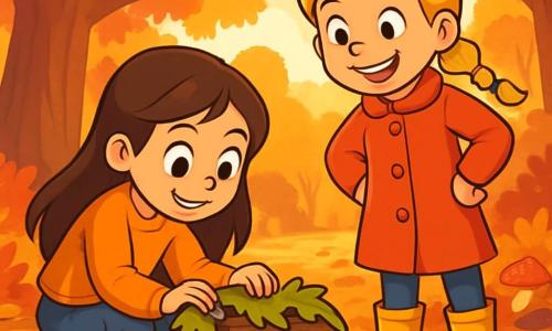 Há 2 personagens principais: - Julia: uma menina de 10 anos, com longos cabelos castanhos e olhos brilhantes. Ela usa um suéter laranja e um jeans, e está agachada, examinando uma pequena caixa de madeira coberta de folhas. - Clara: uma menina de 10 anos, com cabelos loiros trançados e um sorriso radiante. Ela veste um casaco vermelho e botas de borracha, em pé ao lado de Julia, com as mãos na cintura, com uma expressão curiosa. O cenário principal é uma floresta de outono, com árvores majestosas de folhas douradas, vermelhas e marrons. O chão está coberto de folhas crocantes, e um suave raio de sol passa pelas ramas, iluminando a cena com uma luz calorosa. Ao longe, vê-se uma grande clareira com uma imensa árvore de tronco largo, cercada por pequenas pedras e cogumelos coloridos. A situação principal da história mostra Julia e Clara descobrindo uma caixa de madeira misteriosa, cheia de segredos, no meio da floresta. Elas estão maravilhadas com a descoberta, prontas para explorar as histórias que essa caixa pode revelar.