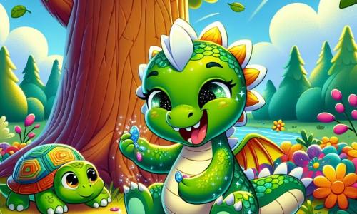 Um pequeno dragão chamado Luna, com escamas verdes cintilantes e olhos brilhantes de alegria, está sentado sob uma grande árvore, sorrindo amplamente enquanto segura pedras brilhantes em suas pequenas patas. Ao lado dela, Tico, uma tartaruga de casca colorida e olhos redondos, observa com admiração as criações de Luna, exibindo um sorriso feliz e curioso. A cena ocorre em uma clareira ensolarada, cercada por flores multicoloridas e grandes árvores com folhas verdes, sob um céu azul claro e algumas nuvens brancas e fofas. Luna e Tico estão criando obras de arte com pedras brilhantes, cercados por folhas e flores, enquanto a luz do sol ilumina sua atividade alegre.
