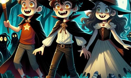 Un ragazzo di 11 anni, Tommaso, si trova al centro dell'immagine, vestito da vampiro con un mantello nero che fluttua attorno a lui. Il suo viso esprime eccitazione e nervosismo, i suoi occhi brillano di attesa e i suoi denti bianchi scintillano alla luce della luna. Accanto a lui, la sua migliore amica Sara, anche lei di 11 anni, è travestita da strega con un grande cappello a punta e un naso finto, sorride con sicurezza, tenendo una torcia che illumina il loro cammino. Un altro ragazzo, Marco, anch'esso di 11 anni, è leggermente in disparte, vestito da fantasma, la sua espressione mostra un misto di paura e curiosità, guarda Tommaso e Sara con ammirazione. Lo scenario è una foresta oscura e misteriosa, con alberi dai tronchi contorti e ombre danzanti create dalla luce della luna. Foglie secche coprono il terreno e un vecchio ponte di legno scricchiola sotto il peso dei bambini. La situazione principale mostra Tommaso, Sara e Marco pronti a entrare in una vecchia casa stregata, una villa abbandonata con finestre rotte e muri coperti di edera, dove sperano di scoprire tesori di Halloween.