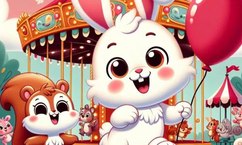 A little rabbit named Benny, with fluffy white fur and large floppy ears, joyfully hops near a big colorful carousel, his eyes shining with happiness. Next to him, his best friend, Lucy the little squirrel, with her shiny brown fur and bushy tail, laughs while holding a bright red balloon, her eyes sparkling with excitement. In the background, the carnival is filled with colorful tents, twinkling lights, and animals of all kinds having fun, creating a festive and joyful atmosphere. Benny and Lucy are surrounded by laughter and colors, ready to embark on a new adventure together at the heart of the carnival.