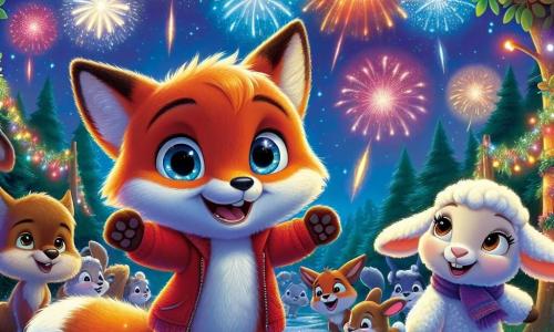 Rufus, un joven zorro de pelaje naranja brillante y ojos llenos de curiosidad, se encuentra en un claro del bosque iluminado por fuegos artificiales coloridos. Sonríe con entusiasmo, con las patas levantadas en señal de celebración, rodeado de magia y alegría. A su izquierda, Olivia, una dulce oveja de pelaje blanco y suave, mira al cielo con asombro, sus grandes ojos redondos brillando de felicidad, mientras sostiene una gran manta colorida para la fiesta. A la derecha, Benji, un enérgico conejo de grandes orejas y pelaje marrón, salta de alegría, con las patas en el aire y una amplia sonrisa en su rostro. El lugar es un claro verde del Bosque Brillante, donde la nieve brilla bajo la luz de las estrellas y guirnaldas luminosas cuelgan de los árboles circundantes. Al fondo, los animales del bosque se reúnen, todos cautivados por el espectáculo. La escena principal muestra a Rufus y sus amigos celebrando el Año Nuevo, rodeados de fuegos artificiales brillantes que iluminan el cielo nocturno, creando una atmósfera de alegría, amistad y magia.