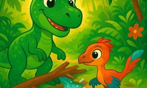 Ein Tyrannosaurus Rex mit robustem Körper und glänzenden grünen Schuppen steht am Ufer eines glitzernden kleinen Baches. Er wirkt fröhlich und entschlossen, mit einem leichten Lächeln auf seinem Gesicht. Neben ihm beobachtet die kleine Dromaeosaurierin Mina mit bunten Federn und runden Augen den Bach voller Staunen, ihre zarten Füße auf dem weichen Boden. Die Szenerie ist ein üppiger Dschungel, gefüllt mit großen Farnen, majestätischen Palmen und leuchtenden Blumen, durch dessen dichten Blätterdach Sonnenlicht strahlt und tanzende Schatten auf den Boden wirft. Die Hauptsituation zeigt Taro und Mina, die zusammenarbeiten, um einen kleinen Bach freizulegen, der unter Blättern und Ästen begraben war, während fröhliche Wasserfontänen um sie herum spritzen.