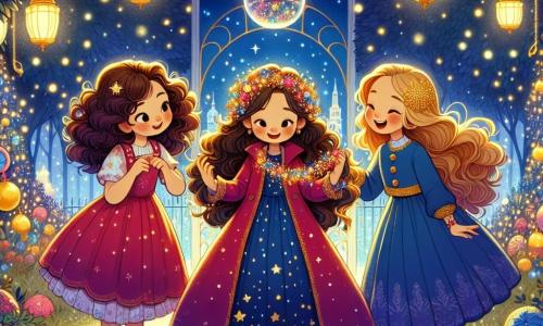 Tres niñas de seis años están en el centro del escenario, rodeadas de luces brillantes. Lola, con su cabello rizado y un vestido rojo con lunares blancos, sonríe alegremente mientras sostiene una guirnalda colorida. A su derecha, Sofía, con cabello largo y liso, lleva un abrigo azul y observa con asombro una burbuja mágica que flota frente a ella. A la izquierda, Marta, con un adorno de estrellas doradas en el cabello, baila riendo, vestida con un vestido violeta. El escenario es un parque encantado, lleno de árboles con hojas brillantes y flores luminosas. La noche está iluminada por farolitos colgados, creando una atmósfera mágica. Al fondo, se ve una pequeña puerta dorada entreabierta, dejando entrever chispas de magia. La situación principal muestra a las tres amigas preparando una fiesta de Año Nuevo con la ayuda de un pequeño duende llamado Dimi, quien las guía en la creación de decoraciones mágicas y dulces chispeantes, mientras fuegos artificiales estallan en el cielo estrellado.
