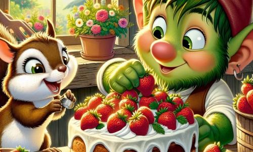 Tilo, un pequeño duende de grandes orejas puntiagudas y piel verde, está decorando un hermoso pastel de fresas en una mesa de madera rústica. Son rostro muestra una gran sonrisa y sus ojos brillan de emoción y alegría. A su lado, Chispa, una pequeña ardilla de pelaje marrón y cola esponjosa, lo ayuda con entusiasmo. Tiene un aire travieso y se divierte colocando fresas en el pastel, salpicado de crema, mientras ríe. La escena transcurre en una cocina acogedora, iluminada por una luz dorada que entra por una ventana con cortinas coloridas. Hay flores frescas del jardín sobre la mesa y utensilios de cocina esparcidos a su alrededor, añadiendo un toque de caos alegre. La situación principal muestra a Tilo y Chispa preparando una sorpresa para el Día de la Madre, rodeados de un ambiente festivo y de camaradería, listos para ofrecer un delicioso pastel a su mamá, la dulce Madame Florinda.