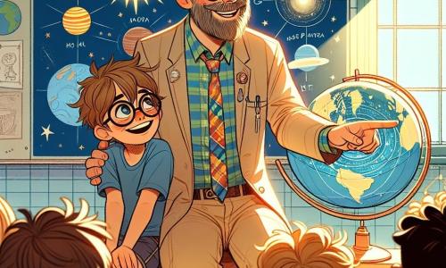 Un maestro de unos cuarenta años, con gafas redondas y barba bien cuidada, se encuentra en el centro de la escena, sonriendo amablemente. Lleva una camisa de cuadros colorida y pantalones beiges, y está mostrando un mapa del sistema solar a sus alumnos, con los ojos brillantes de entusiasmo. A su derecha, un niño llamado Lucas, de 10 años, con cabello castaño desordenado y gafas, levanta la mano con emoción, su rostro iluminado por la curiosidad. Lleva una camiseta azul y un short, inclinado hacia adelante, cautivado por las explicaciones de su profesor. El escenario se desarrolla en un aula luminosa, con paredes decoradas con dibujos de estrellas y planetas. Ventanas dejan entrar la luz del sol, iluminando los escritorios de madera donde otros niños están sentados, escuchando atentamente. La situación principal muestra el momento en que el maestro explica las maravillas del universo, cautivando la atención de sus alumnos, mientras Lucas, lleno de entusiasmo, sueña con convertirse en astrónomo algún día.
