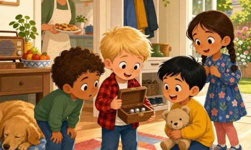 Er zijn vijf personen: Bram (4) met kort blond haar en rood geruit jasje staat middenvoor bij de binnendeur, houdend een open houten doosje; Sami (4) met krullend bruin haar en groen sweater links van Bram, gebogen met oor naar het doosje; Noud (4) met steil zwart haar en geel truitje rechts van Bram, houdt een beige knuffelbeer en lacht; Lila (~4) met kastanjebruin gevlochten haar en blauw bloemenjurkje staat achter de jongens bij de tuindeur, nieuwsgierig en klaar om te helpen; mama in het keukendeel achteraan met een licht schort en vastgebonden haar glimlacht en houdt een bord met boterhammen. Interieur: warme huiselijke ruimte in korte perspectief met licht eiken parket, kleurrijk tapijt, open witte kast bij de deur, salontafel met radio en fruit, zonnige tuindeur op de achtergrond; links slaapt een gouden hond op een blauw kussen. Situatie: de kinderen ontdekken een tikkend houten doosje waarbinnen drie zilveren knikkers zacht rollen en tikken; verwondering en saamhorigheid in zachte gebaren en geconcentreerde, geruststellende blikken; felle contrasterende kleuren, eenvoudige lijnen en ronde vormen, warme ochtendlicht van de tuindeur, zachte schaduwen, compositie gecentreerd op het doosje.