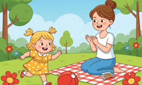 A happy smiling 2-year-old girl with short blonde pigtails and rosy round cheeks runs in a yellow polka-dot dress chasing a red ball while her mother, about 30, with brown hair in a bun and a gentle face, sits on the green grass nearby applauding; an open cookie packet on a red-and-white check blanket beside her, in a sunny summer park with bright green lawn, colorful flowers, rounded trees and a blue sky with fluffy clouds—joyful scene of the girl kicking the ball, bright colors and simple rounded shapes suited for toddlers.