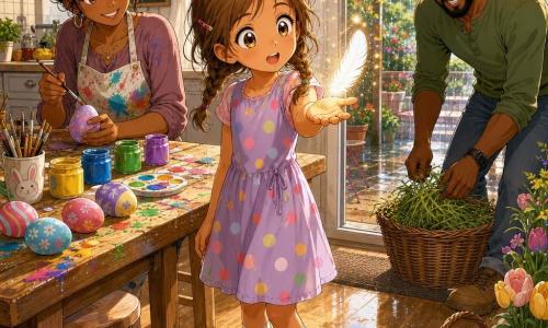 Niña de 8 años, cabello castaño claro en dos trenzas cortas, ojos grandes y brillantes, sonrisa curiosa, sostiene en la palma una pluma blanca brillante; lleva vestido pastel de lunares, calcetas a rayas y zapatos rojos algo embarrados, está maravillada. Madre (≈35 años) con moño y delantal manchado sonríe mientras pinta huevos sobre la mesa detrás, padre (≈37 años), barba corta, coloca paja verde en una gran cesta junto a la puerta del jardín. Cocina soleada abierta a un jardín húmedo, suelo de madera clara, mesa con botes de pintura, ventana amplia con cortina blanca y gotas en el patio; la luz dorada atraviesa la ventana creando una escena mágica y cotidiana de Pascua.