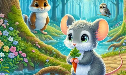 A small mouse named Mabel, with soft gray fur, star-like bright eyes, and long quivering whiskers, stands bravely at the edge of a shimmering pond. She has a determined expression, ready to help her friend. Beside her, a young rabbit named Benny, with brown fur and long expressive ears, looks hopefully at the pond, holding a huge carrot in his small paws. In the background, a wise owl named Oliver, with gray feathers and round eyes, perches on a tree branch, observing the scene with a benevolent air. The setting is an enchanted forest, with majestic trees featuring emerald green leaves, colorful flowers dancing in the wind, and a pond with crystal-clear waters reflecting the blue sky. The main scene shows Mabel and Benny preparing to cross the path to the floating carrot, creating a magical and friendly atmosphere filled with adventure and camaraderie.