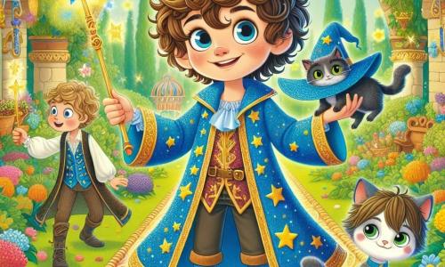 Gino, un apprendista stregone di nove anni con capelli ricci e occhi pieni di curiosità, è al centro dell'immagine, con un sorriso malizioso e una bacchetta magica che emette scintille colorate. Indossa una tunica da stregone blu brillante decorata con stelle dorate e calze a righe. Accanto a lui, Felicità, il suo gatto blu, è appollaiata sulla sua spalla, con uno sguardo furbo e un leggero sorriso, pronta ad aiutarlo nelle sue avventure magiche. Un po' più in là, Marco, un ragazzo di dieci anni con capelli castani disordinati e un'aria sicura, osserva Gino con un sorriso provocatorio, tenendo la sua bacchetta magica, pronto a lanciare un incantesimo. La scena si svolge nel giardino della Scuola di Stregoneria Sgambettante, un luogo incantevole pieno di alberi con foglie scintillanti, fiori danzanti e creature magiche che volano intorno. Mosaici di spaghetti colorati decorano i muri, aggiungendo un tocco giocoso all'ambiente. Gino e i suoi amici si preparano a lanciare un'incantesimo combinato, circondati da un gruppo di studenti curiosi e divertiti, mentre una frittella gigante inizia a sollevarsi in aria, creando un'atmosfera gioiosa e magica.