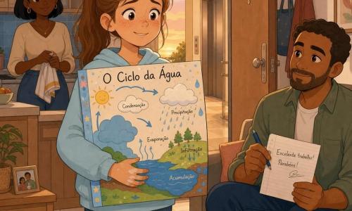 Menina de 12 anos emocionada e aliviada, rosto redondo com sardas, cabelo castanho claro preso em rabo de cavalo, segura contra o peito um cartaz colorido "O Ciclo da Água", postura hesitante mas ereta, olhos brilhantes e sorriso trêmulo, mãos com cola, roupa simples (moletom azul claro e jeans); mãe de ~35 anos, cabelo preto curto, observa com ternura da cozinha com um pano húmido; pai de ~38 anos, barba curta e camisa casual, sentado no sofá segurando uma folha assinada e uma caneta, olhar benevolente; entrada iluminada de um apartamento familiar com chão de azulejo claro, móveis em madeira clara, porta aberta e um pequeno elevador ao fundo, luz dourada do crepúsculo; cena de confissão tranquila — a menina estende um bilhete amassado aos pais, expressão vulnerável mas decidida, pais calmos e reconfortantes, ambiente acolhedor em tons pastel e traços suaves.