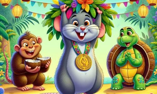 Un pequeño ratón llamado Rufus, con pelaje gris y ojos chispeantes de travesura, se encuentra en el centro de la escena, con una amplia sonrisa en su rostro, sosteniendo unaurel decorado con plumas de colores sobre su cabeza. A su derecha, un mono travieso llamado Macario, con pelaje marrón y una expresión divertida, hace malabares con cocos mientras ríe, listo para dar una pirueta. Al fondo, una tortuga llamada Tomasa, con un caparazón verde adornado con motivos florales, aplaude alegremente, sentada sobre una roca. El escenario es un claro vibrante de la selva, rodeado de árboles majestuosos con hojas exuberantes, donde flores de colores vivos añaden magia a la atmósfera. Linternas hechas de hojas y flores iluminan la escena, creando un ambiente festivo. La situación principal muestra a Rufus, el ratón, celebrando su victoria en la Gran Carrera de la Selva, rodeado de sus amigos animales, todos riendo y divirtiéndose juntos en un ambiente alegre y colorido.
