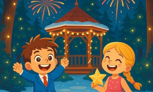 An 8-year-old boy named Timmy, with messy brown hair and sparkling eyes, wears a bright blue suit and a red tie. He dances with a big smile, arms raised to the sky, surrounded by twinkling lights. Beside him is his best friend Lily, a 7-year-old girl with braided blonde hair and a pink dress adorned with sequins, joyfully holding a paper star. They are in an enchanted forest, where majestic trees are lit by glowing fireflies, and a gazebo decorated with fairy lights stands in the center. Snow covers the ground, adding a magical touch to the atmosphere. The main scene shows Timmy and Lily celebrating New Year's, dancing and having fun under a starry sky, while fireworks burst in the background, illuminating their amazed faces.